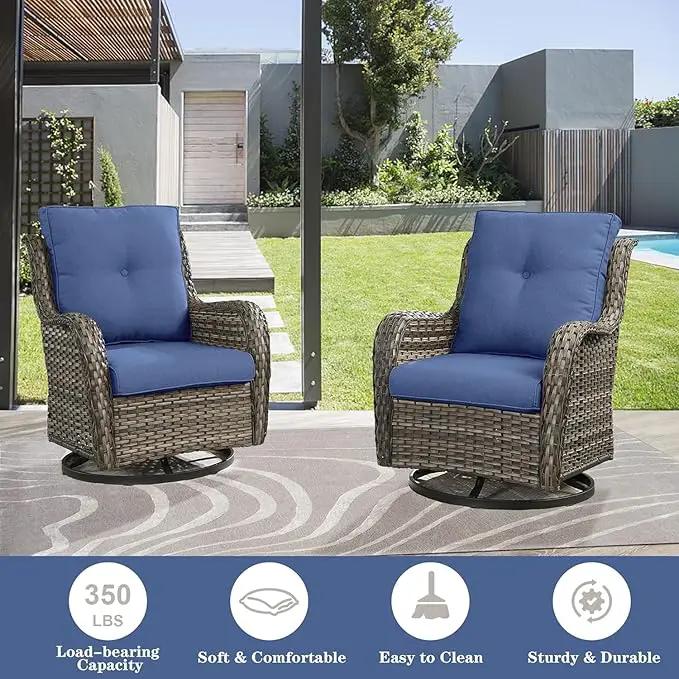 Wicker Patio Furniture Sets - 8 Piece Rattan Outdoor Furniture Conversation Sets with 4 Swivel Rocker Chairs, Rattan Sofa, Wicker Ottomans and Coffee Table, Mixed Grey/Blue by GreenHaven Gardens