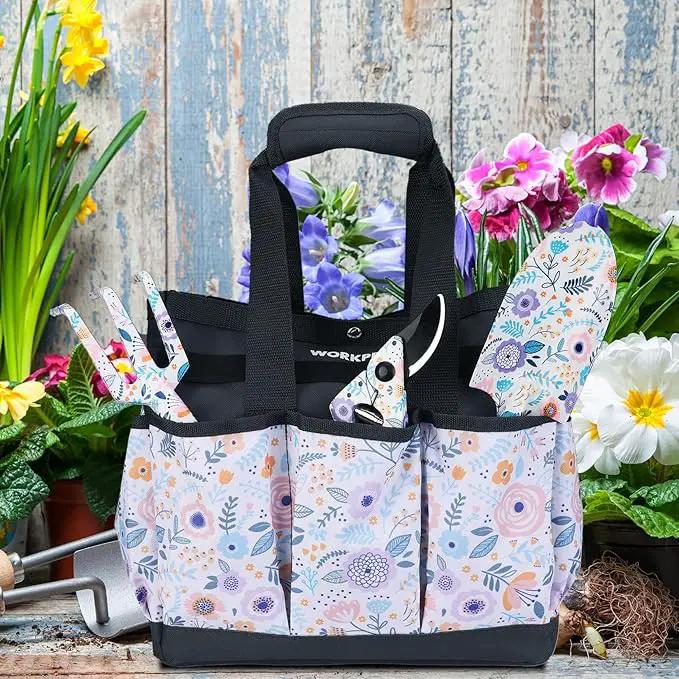 WORKPRO Garden Tool Bag, 9 Pockets Gardening Bag, Heavy Duty Oxford Garden Tote Caddy (Tools NOT Included), 12" x 12" x 6" (Floral White) by GreenHaven Gardens