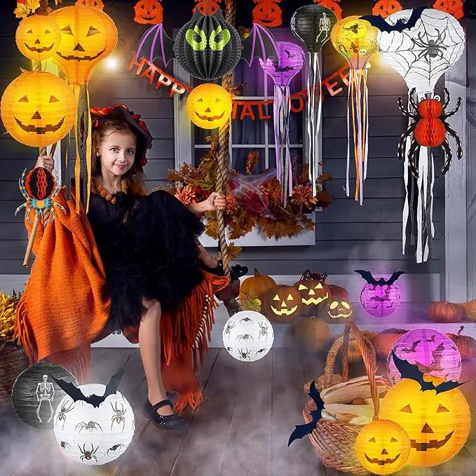 48 Pieces Halloween Decorations Paper Lanterns Pumpkin Skeleton Paper Lanterns 3D Bat Wall Stickers Spider Wall Hanging for Halloween Party Garden Bedroom Cobwebs Indoor Outdoor, 12 Inch and 8 Inch by GreenHaven Gardens