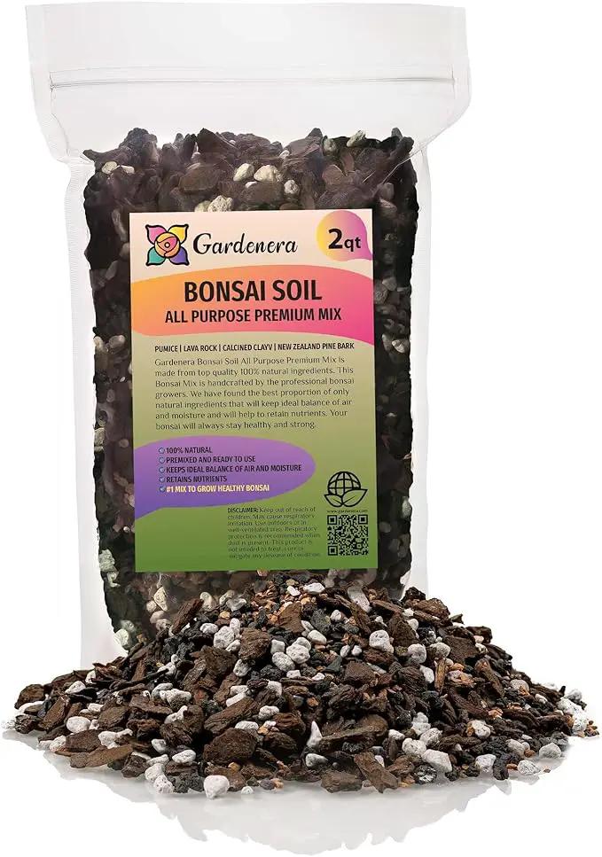 Premium Bonsai Soil All Purpose Fast Draining Mix - Pumice, Lava, Calcined Clay and Pine Bark Potting Pre Mixed Bonsai Plant Soil Mixture by GARDENERA- Made in USA - (2 Quart Bag) by GreenHaven Gardens
