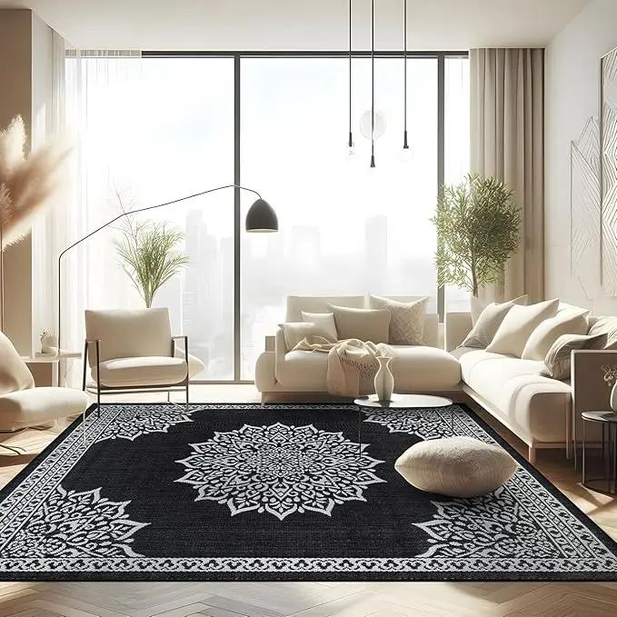 CAMILSON Outdoor Rug, 9x12 Medallion Black White Modern Area Rugs for Large Indoor and Outdoor Patios, Kitchen and Hallway Mats, Washable Porch Deck Outside Carpet (Medallion Black, 9 x 12) by GreenHaven Gardens