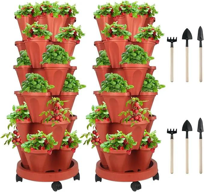 Vertical Planter 6 Tier Stackable Planters Garden Planters Strawberry Herb Flower and Vegetable Planter Indoor Outdoor Gardening Pots with Removable Wheels and Tools 2-Pack by GreenHaven Gardens