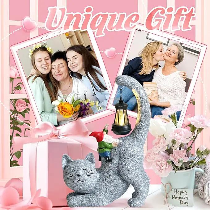 Cat Statue Garden Decor with Funny Gnome Figurine & Solar Lantern, Motherday Gifts for Mom,Birthday Gift for Women,Cat Statues for Garden,Patio,Yard Decoration, Gray, SR-C-003 by GreenHaven Gardens