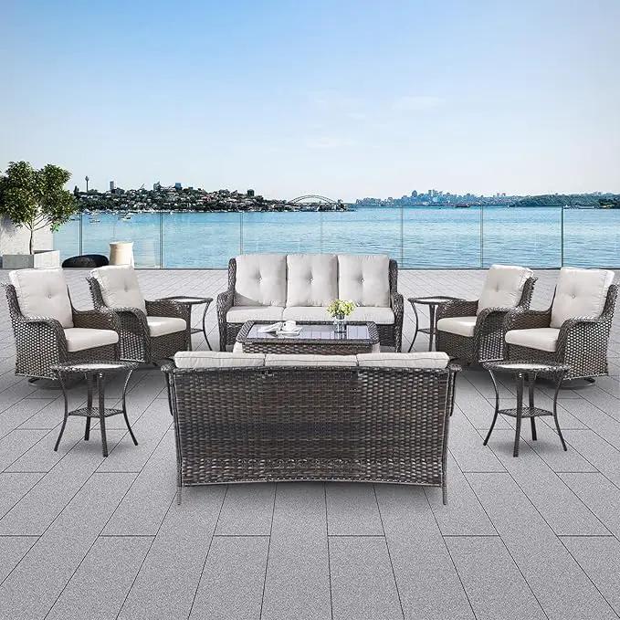 Wicker Patio Furniture Sets - 13 Piece Outdoor Rattan Furniture Conversation Sets with 4 Swivel Rocker Chairs, 2 Rattan Sofas, Wicker Ottomans and Coffee Table, Brown/Beige by GreenHaven Gardens