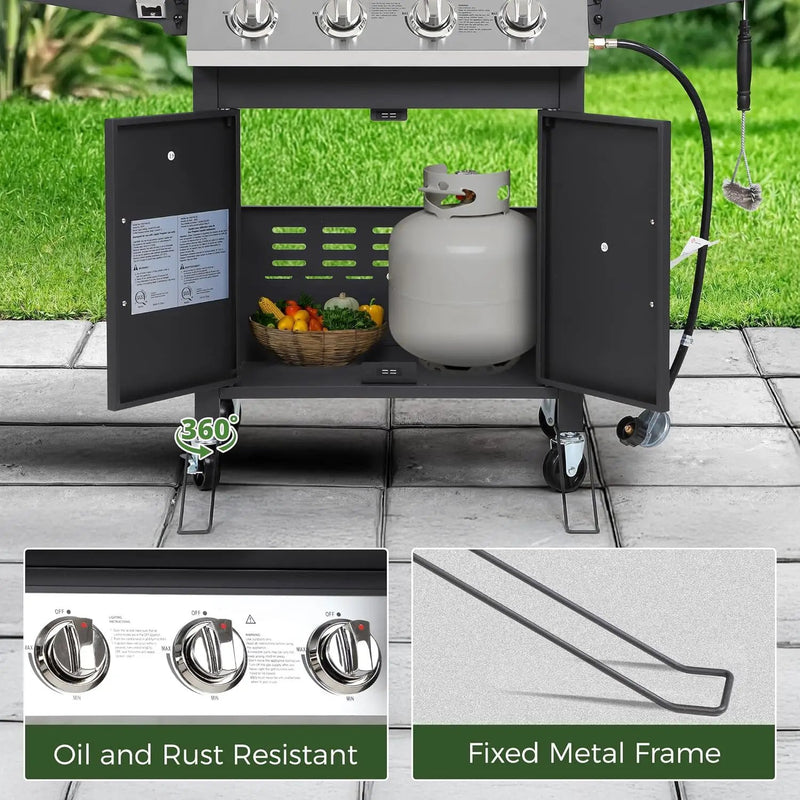 4-Burner Propane Gas BBQ Grill with Wheels, 40,000 BTU Output Stainless Steel Barbecue Grill for Backyard & Outdoor Cooking Easy Assembly, Foldable Side Tables & Spice Rack (Dark Black) by GreenHaven Gardens