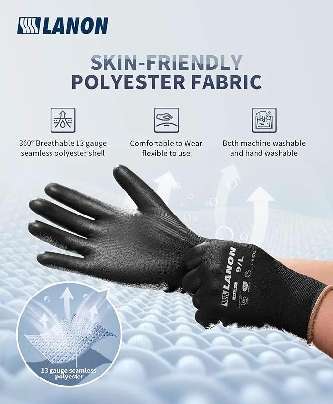 LANON Safety Work Gloves for Men and Women, 18 Pairs Mechanic Black Working Gloves with Grip Odorless PU Coated, Seamless Knit, Full Fingertip Touchscreen for Light Duty Working Gloves, X-Large by GreenHaven Gardens