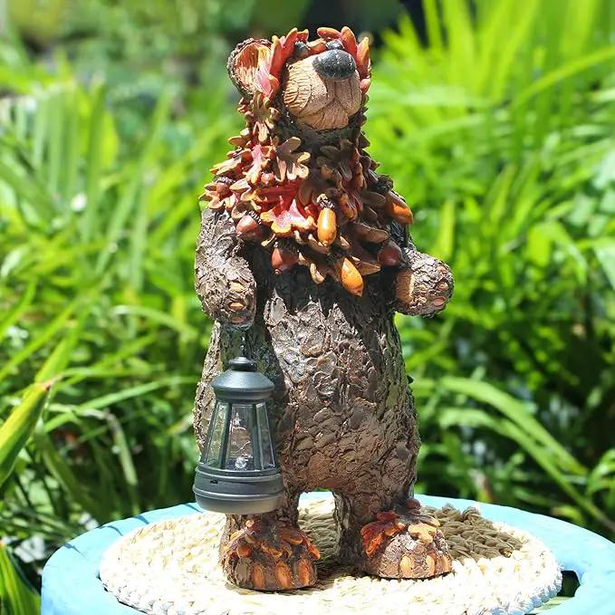 Solar Garden Statue Bear Figurine, Garden Art Outdoor Statues with Solar Lantern, Loving Bear for Patio, Balcony, Yard, Lawn, Unique Housewarming Gifts by GreenHaven Gardens