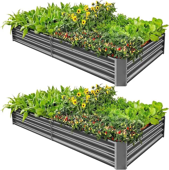 Land Guard 2 Pack 8×4×1ft Galvanized Metal Raised Garden Bed, Metal Planter Kit Box Outdoor for Deep-Rooted Vegetables, Flowers, Green and Herbs (Mid-Grey) by GreenHaven Gardens