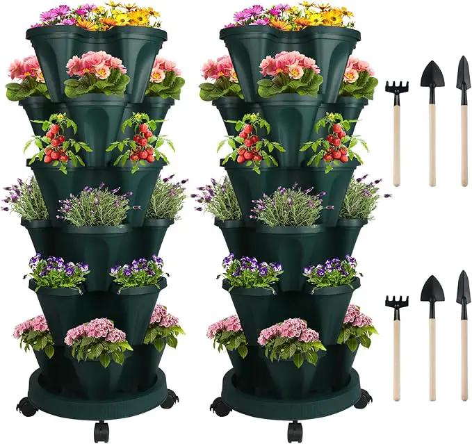 Vertical Planter 6 Tier Stackable Planters Garden Planters Strawberry Herb Flower and Vegetable Planter Indoor Outdoor Gardening Pots with Removable Wheels and Tools 2-Pack by GreenHaven Gardens