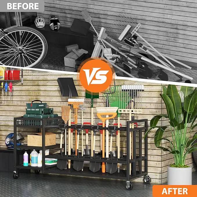 Garden Tool Organizer with Wheels-Movable Garden Tool Rack with Storage Hooks for Long-Handled Tools/Rakes/Brooms/Shovels,Heavy Duty Metal Garden Tool Storage for Garage,Shed,Garden,Black by GreenHaven Gardens