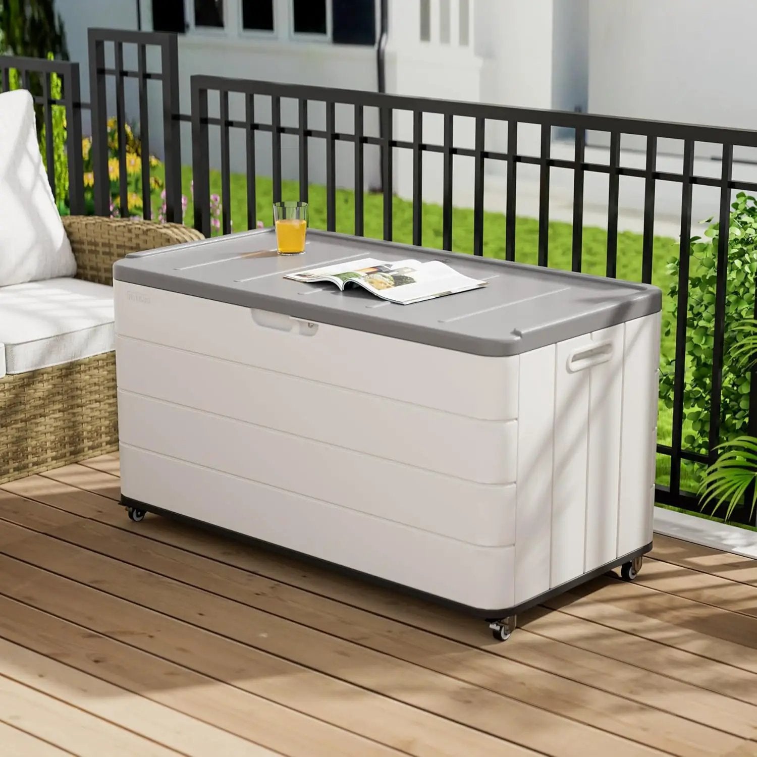 100GAL White Resin Deck Box with Wheels – Lockable, Waterproof, SGS-Tested UV Resistance, Spacious Outdoor Storage for Patio Cushions & Pool Gear, Easy Assembly by GreenHaven Gardens