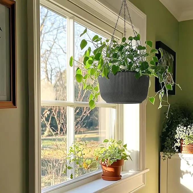T4U 12 Inch Large Hanging Planters for Outdoor Plants, 2 Pack Self Watering Hanging Pots Indoor, Hanging Baskets for Plants,Hanging Flower Pot with Drainage Hole and Plant Hanger, Grey by GreenHaven Gardens