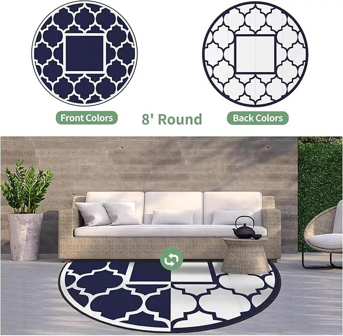 GENIMO 8' Round Outdoor Rug Waterproof for Patio Decor, Foldable Reversible Plastic Straw Area Rugs Mat for Rv, Outside Carpet for Camper, Deck, Picnic, Beach, Balcony, Camper, Blue & White by GreenHaven Gardens