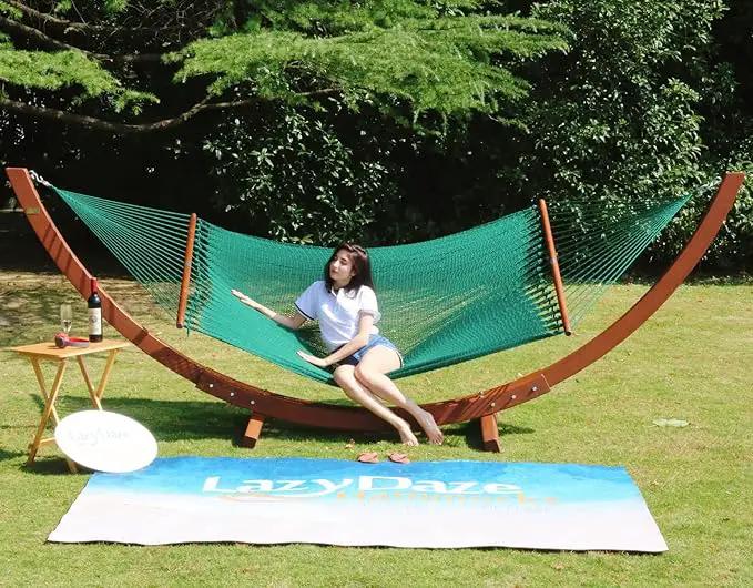 Lazy Daze Hammocks 10.5 FT Double 2 Person Caribbean Rope Hammock, Hand Woven Polyester Hammock with Spreader Bars, for Outside Outdoor Backyard Patio Poolside,450 LBS Capacity, Green by GreenHaven Gardens