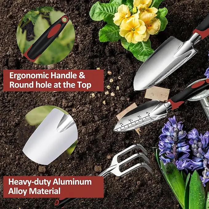Garden Tool Set, 3 Piece Gardening Tools Includes Garden Trowel, Transplant Trowel and Hand Rake with Non-Slip Ergonomic Handle, Heavy Duty Garden Kit for Planting, Garden Gifts Red by GreenHaven Gardens