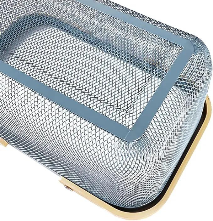 Portable Mesh Harvest Basket - Natural Bamboo Handle Foldable Organizer for Kitchen, Garden & Picnic | Ventilated Storage Bin with Rust-Proof Wire, Space-Saving Farmhouse Decor (Blue) by GreenHaven Gardens