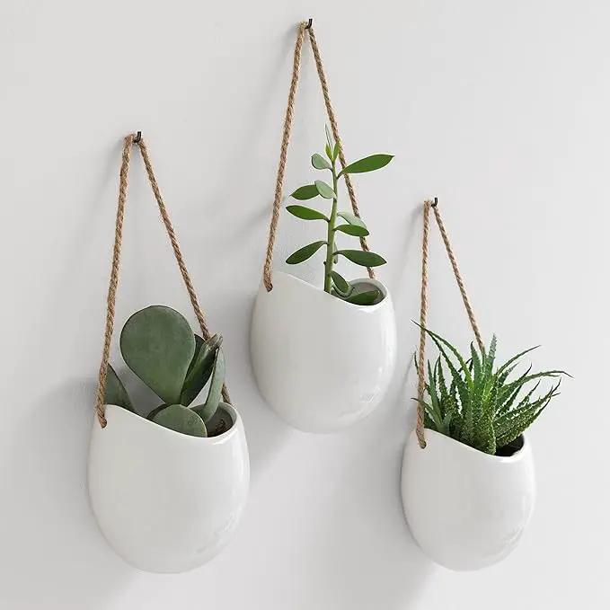 Wall Planters -Ellie- | Hanging Ceramic Plant Pots 3 Pieces | Wall Decoration for Indoors, Balcony and Garden | White (Glossy) by GreenHaven Gardens