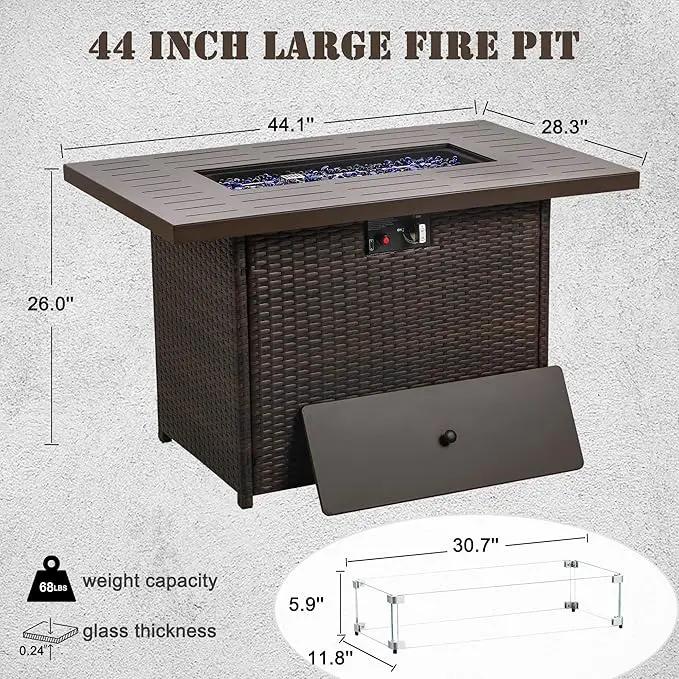 Propane Fire Pit Table,44 Inch 55000 BTU Outdoor Gas Fire Pit Rectangular with Glass Wind Guard for Outside Patio Deck (Brown-Aluminum Top) by GreenHaven Gardens