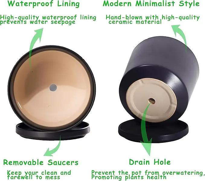 Ekirlin 9 inch Plant Pots,Ceramic Flower Planters Indoor,Modern Succulents Containers with Drain Hole Saucer,Decorate Home,Office & Outdoor (Black) by GreenHaven Gardens