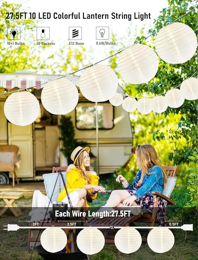 Lantern String Lights Outdoor, 27.5FT White Lantern String Lights Plug in with 10 Nylon Lanterns and G40 LED Bulbs, Hanging Light Strings Waterproof for Indoor Bedroom Outdoor Patio Wedding Party by GreenHaven Gardens