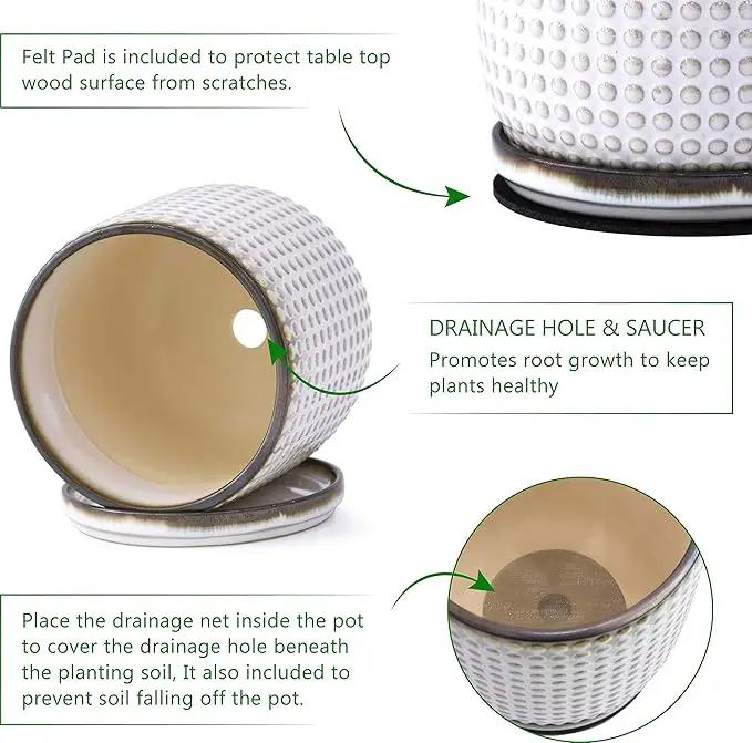 D'vine Dev 6 Inch Ceramic Beaded Stoneware Planter Pot - Flower Pot with Drainage Holes and Saucers for Indoor Succulent Plants or Flowers, Smoked White, 27-C-X-1 by GreenHaven Gardens