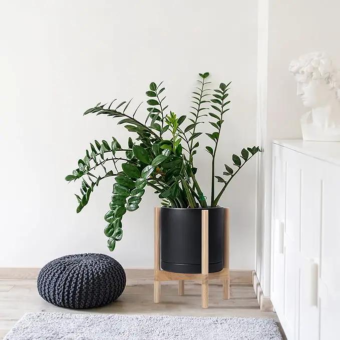 D'vine Dev Ceramic Planter with Natural Stand - 12 Inch Modern Round Flower Pot with Wood Planter Holder, Black, 55-B-J-2 by GreenHaven Gardens