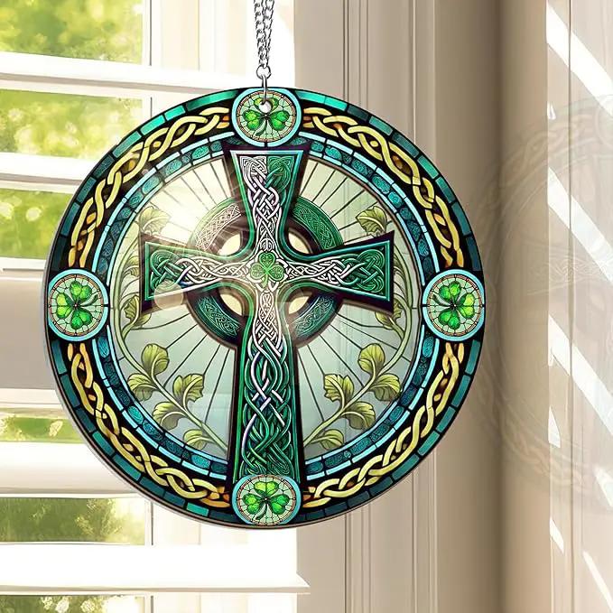 St Patricks Day Decorations - Irish Gifts for Men Women Friends Family, St Patricks Day Accessories, Celtic Cross Home Decor - Double Layered Hanging Suncatcher 8 in by GreenHaven Gardens