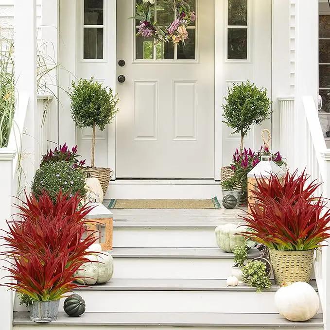 16Pcs Artificial Grass Fake Plants 17.3in Outdoor Plants UV Resistant Greenery Stems Fake Grass for Home Window Garden Office Patio Pathway Front Porch Décor Light Green & Red by GreenHaven Gardens