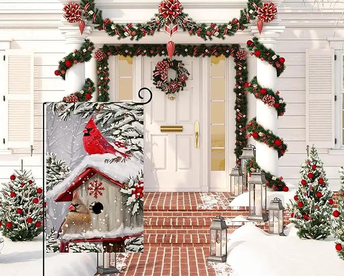 BLKWHT Winter Cardinal Bird Garden Flag 12x18 Vertical Double Sided Trees Snow Christmas Holiday Outside Decorations Burlap Yard Flag BW735 by GreenHaven Gardens