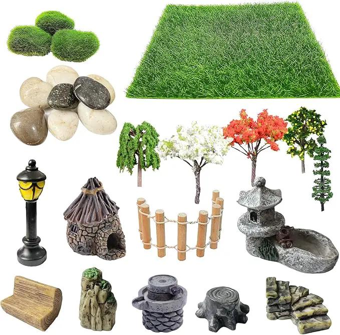 Cayway 26 PCS Outdoor Fairy Garden Miniatures Mini Zen Garden Accessories, Artificial Garden Grass, Model Trees, Terrarium Ornaments, Dollhouse Supplies, Bonsai Decorative Craft Tools Kit by GreenHaven Gardens