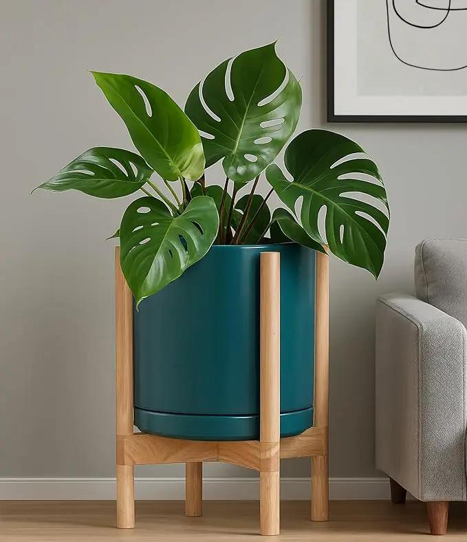 D'vine Dev Ceramic Planter with Natural Stand - 12 Inch Modern Round Flower Pot with Wood Planter Holder, Teal, 55-B-J-4 by GreenHaven Gardens