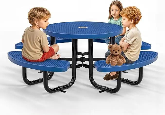 Metal Picnic Tables for Kids for Outdoors with Umbrella Hole - Coated Steel Heavy Duty Commercial Grade Table with Adjustable Seats (Blue, 38 in, Kids, Expanded Steel) by GreenHaven Gardens