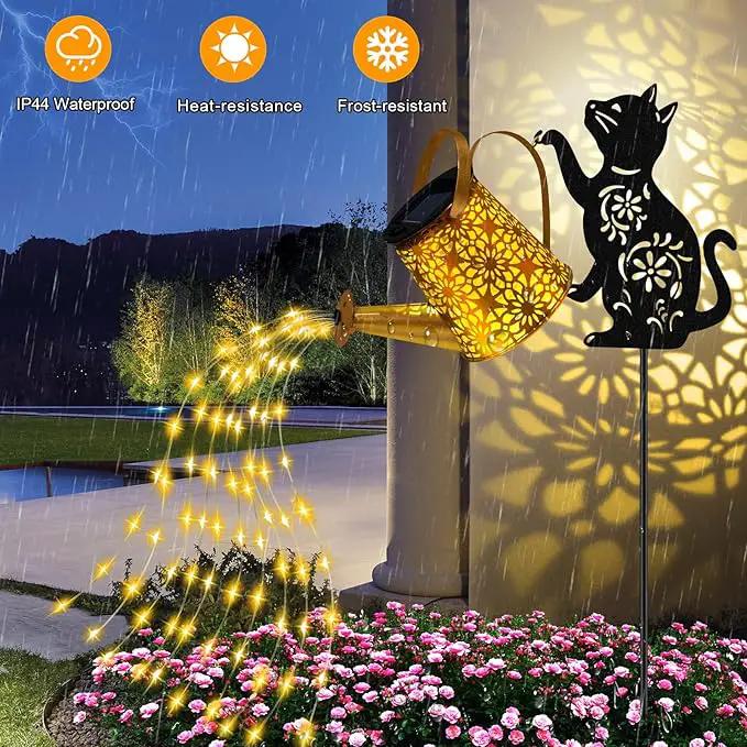 Solar Lights Outdoor Decorative, Watering Can with Cascading Lights, with Cat Silhouette Garden Stakes, Waterproof Metal Garden Decor for Yard Art, Outside, Patio, Lawn Ornaments by GreenHaven Gardens