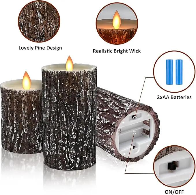 JOSU LED Flameless Candles Pine Bark Effect, Battery Operated Candles with Remote Control, LED Fake Candles, 4" 5" 6" Pack of 3, for Wedding Decor, Table Decor, Home Decoration Gifts (Pine Bark) by GreenHaven Gardens