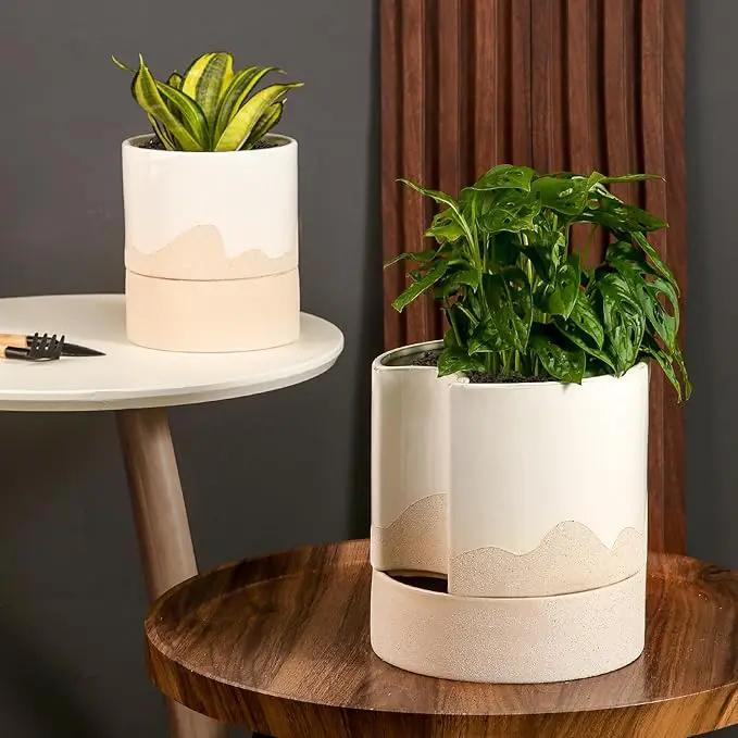 Nihow Self Watering Plant Pot: 8 Inch Ceramic Planter with Drainage Hole & Water Storage Plus for Indoor & Outdoor Plants - Cylinder Round Flower Pot for Succulent/Herbs/Violets - White & Wave Nature by GreenHaven Gardens