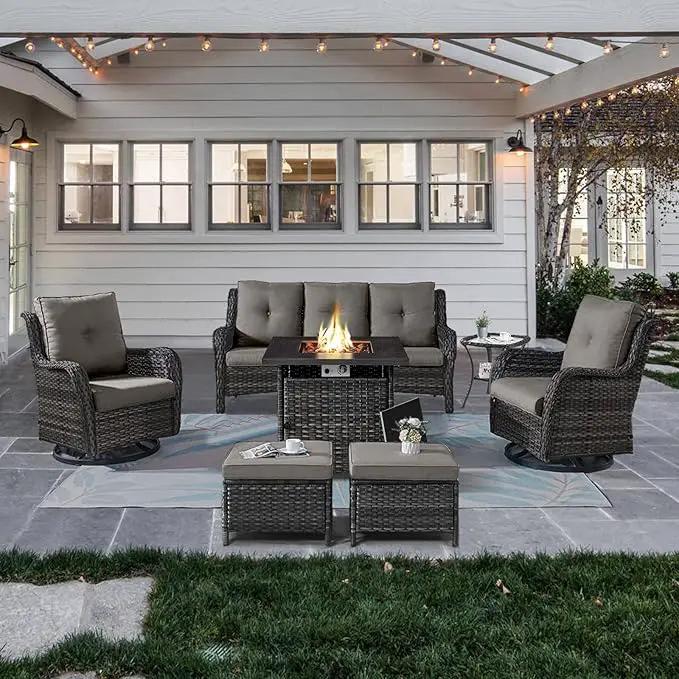 Outdoor Patio Furniture Set with Propane Fire Pit Table, 7 Pieces Wicker Patio Conversation Set with 2 Swivel Glider Rocker Chair Rattan Sofa Grey Cushion Perfect for Casual Gathering by GreenHaven Gardens