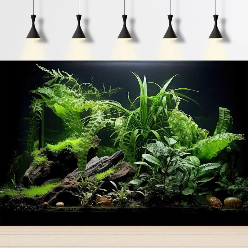 Aquarium Background Freshwater Green Plants Terrarium Background Aquatic Underwater Sea Grass Tank Background Wood Root Rock with Moss Jungle Style Fish Tank Background Poster Wallpaper 60x24in by GreenHaven Gardens