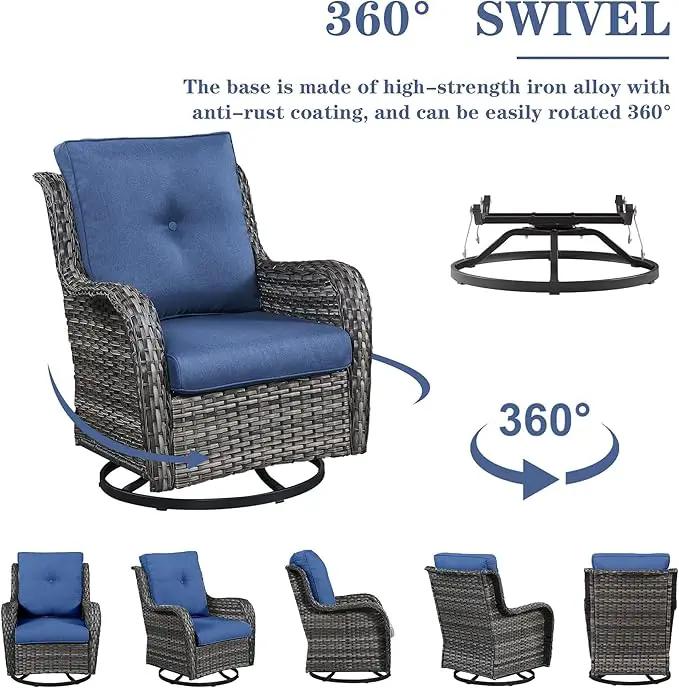 Outdoor Patio Furniture Set with Propane Fire Pit Table, 7 Pieces Wicker Patio Conversation Set with 2 Swivel Glider Rocker Chairs Rattan Sofa Blue Cushion Perfect for Casual Gathering Gray by GreenHaven Gardens