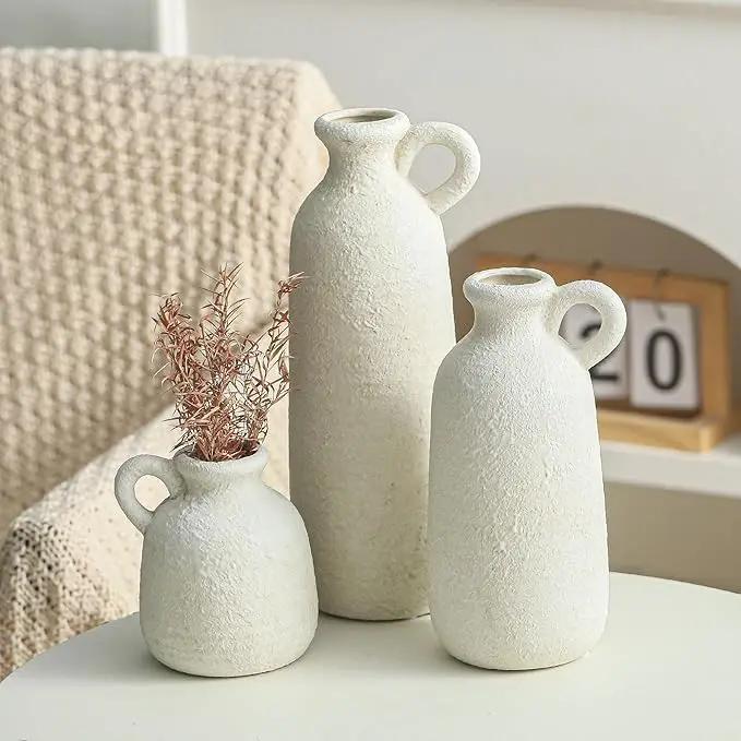 Ceramic Vase Set of 3 with Handle, Neutral Rustic Vases Home Decor Farmhouse Decorative Vase Whitewashed Pottery Decor Modern for Table Mantel Entryway Bookshelf Living Room Kitchen Bedroom - White by GreenHaven Gardens