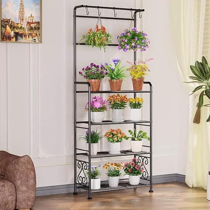 Plant Stand Indoor Outdoor Heavy Duty Metal - 68.4" Tall 4-Tier Shelf for Multiple Plants, Flowers, Rustproof Black Storage Rack for Patio, Balcony, Living Room, Garden, Includes Hooks&Adjustable Feet by GreenHaven Gardens