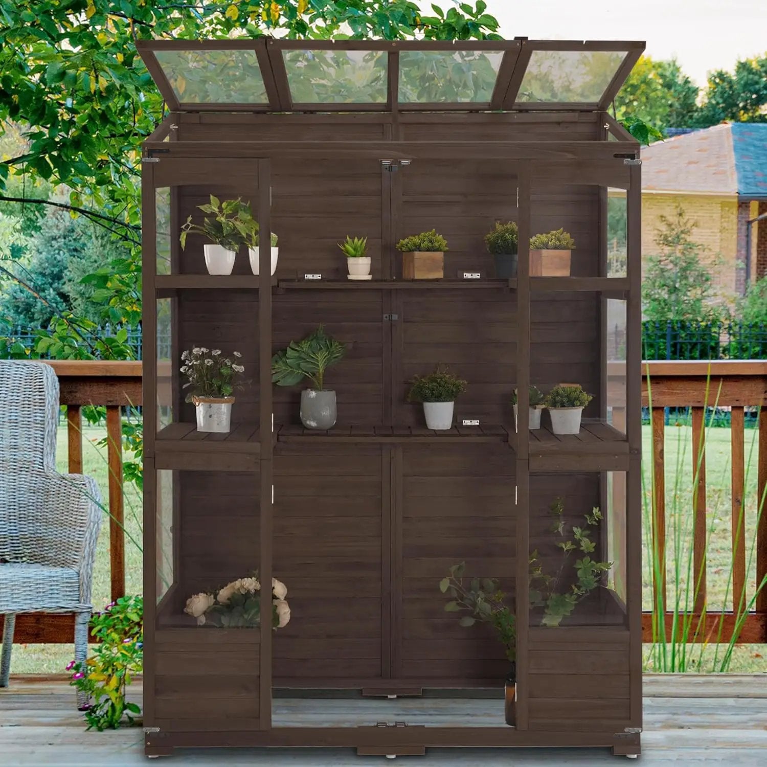 MCombo Wooden Greenhouse, Walk-in Outdoor Greenhouse with Openable Roof and Lockable Door, 0899 (Brown) by GreenHaven Gardens