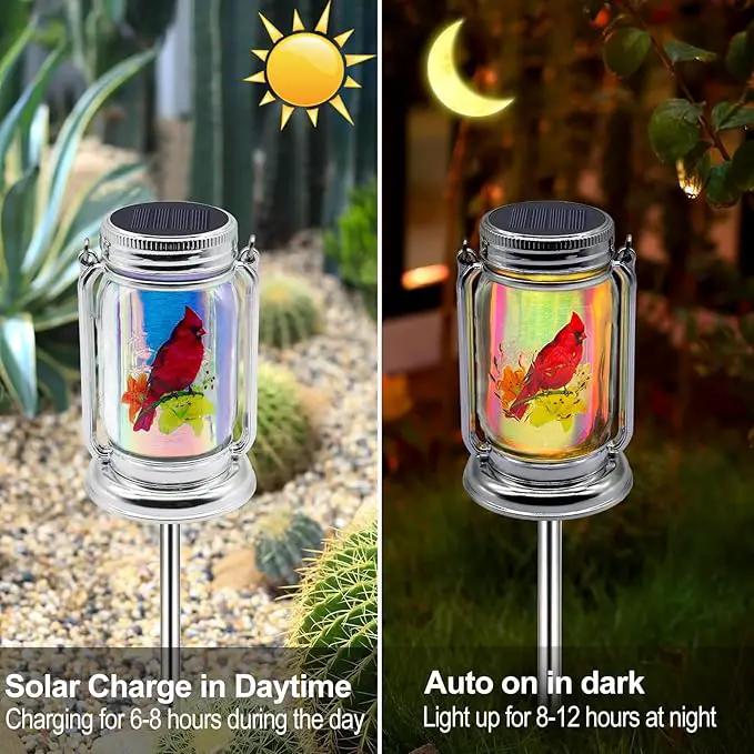 Outdoor Solar Cardinal Lantern-2 Pack Garden Hanging Red Bird Lanterns, Gifts for Mom Women Grandma,Silver Glass Mason Jars,Waterproof LED Decorative Lights for Patio Table Garden Pathway Yard by GreenHaven Gardens
