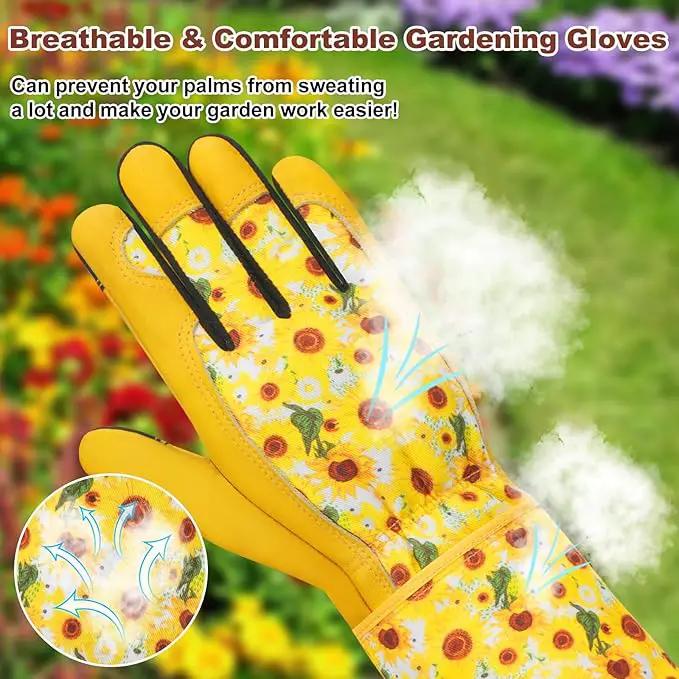 DLY Gardening Gloves for Women, Rose Gloves Gardening Thorn Proof, Long Garden Gloves for Women, Breathable Cowhide Leather Gauntlet (X-Large, Yellow by GreenHaven Gardens