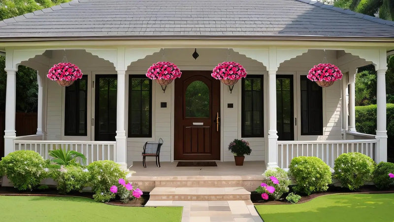 Artificial Hanging Flowers with 12" Basket for Outdoor Decor, Fake Hydrangea UV Resistant Arrangements in Pot Indoor Porch Garden Yard Spring Summer Decor(Double Rose) by GreenHaven Gardens
