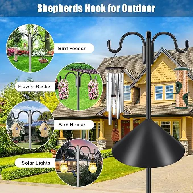 Gtongoko Bird Feeder Pole Squirrel Proof, 108 Inch Double Shepherds Hook for Outdoor with Squirrel Baffles Adjustable Heavy Duty with 5 Prongs Base for Hanging Plants, Bird Feeders, Black by GreenHaven Gardens