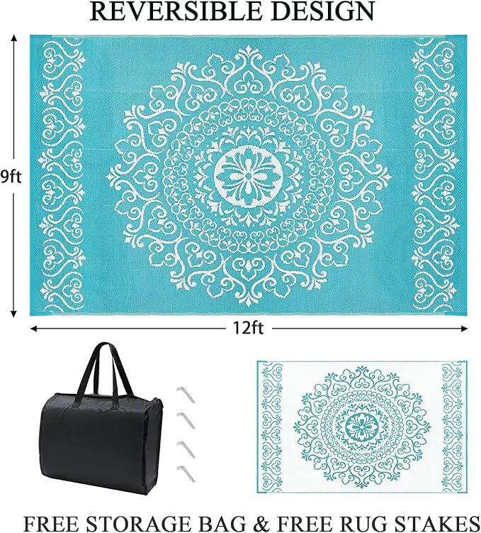 Pauwer Waterproof Outdoor Rug 9x12, Reversible Plastic Straw Patio Camping Rug, Indoor Outdoor RV Mat Carpet for Deck, Camper, Porch, Balcony, Backyard, Picnic, Floral Teal by GreenHaven Gardens