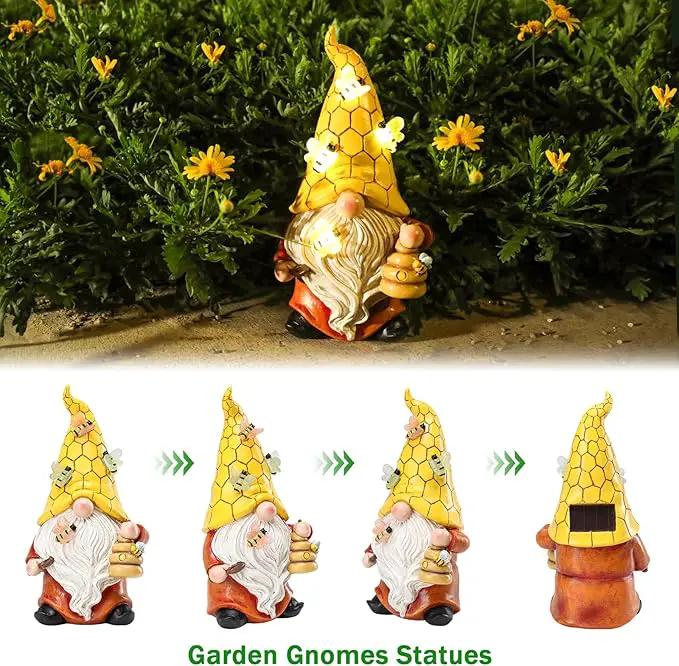 Garden Gnome Statue with Bee Solar Lights, Resin Gnome Figurine for Outdoor Decor, Porch Patio Yard Decorations by GreenHaven Gardens