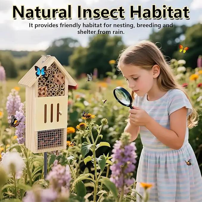 Wooden Insect House, Bee House with Metal Stake for Gardens, Insect Hotel & Butterfly Hotel on The Ground or Hanging on Tree Wall, Natural Insect Habitat for Bee, Butterfly, Ladybirds, Bugs by GreenHaven Gardens