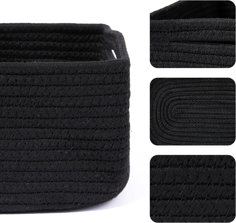Small Storage Baskets for Organizing | Closet Organizer Bins | Shelf Toy Basket | Woven Rope Baskets | Cube Decorative Box | Shallow Basket | 13x8.5x5.1” | 4 Packs Black by GreenHaven Gardens