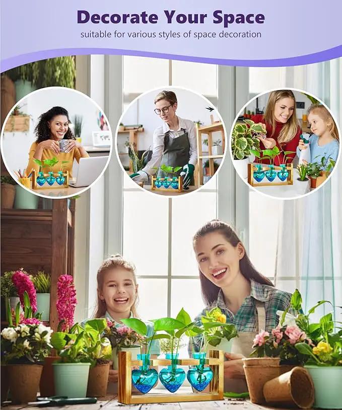 Nacome Plant Terrarium for Office Decor: Wooden Stand Tabletop Planter 3 Bulb Glass Vase Heart Shaped for Hydroponics Indoor Home - Birthday Gifts for Women Mom Grandma by GreenHaven Gardens